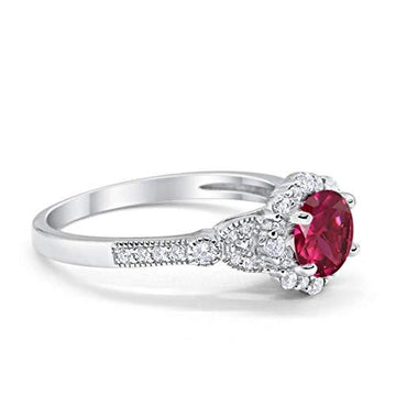 Floral Art Deco Engagement Ring Simulated Ruby CZ 925 Sterling Silver